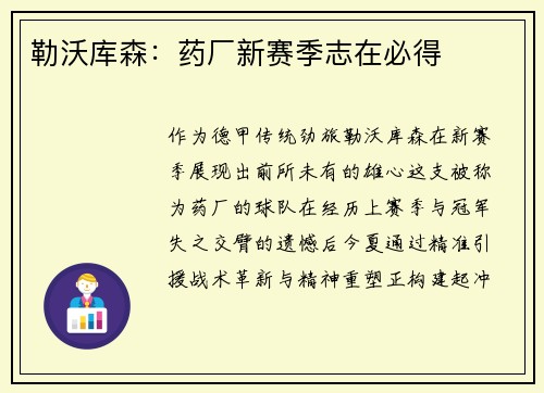 勒沃库森：药厂新赛季志在必得