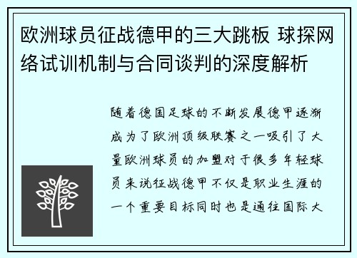 欧洲球员征战德甲的三大跳板 球探网络试训机制与合同谈判的深度解析