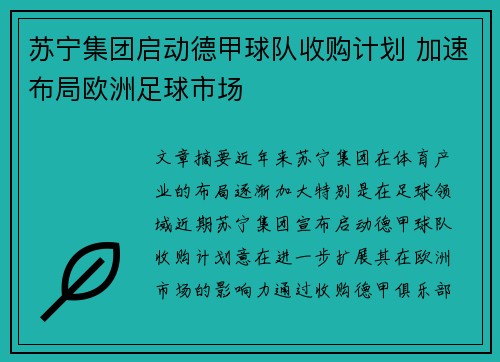 苏宁集团启动德甲球队收购计划 加速布局欧洲足球市场