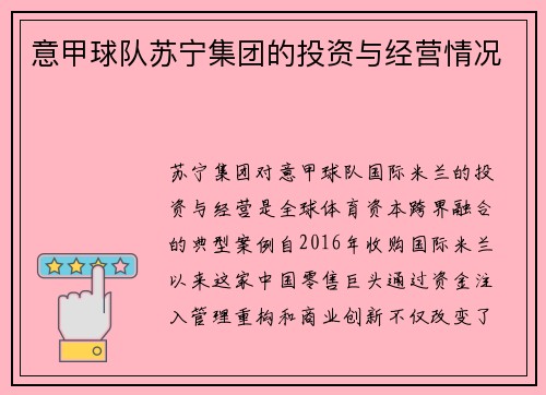 意甲球队苏宁集团的投资与经营情况