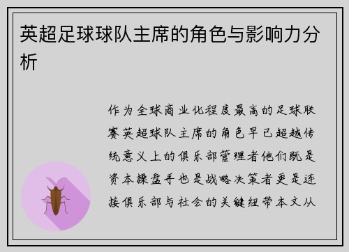 英超足球球队主席的角色与影响力分析