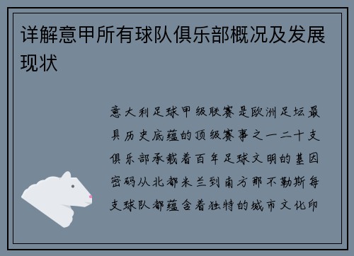 详解意甲所有球队俱乐部概况及发展现状