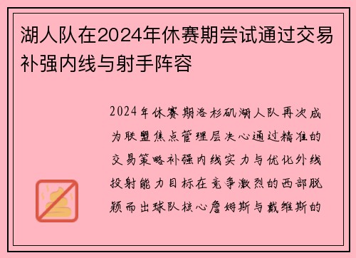 湖人队在2024年休赛期尝试通过交易补强内线与射手阵容